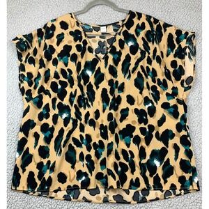 Women's Leopard Print V-Neck Blouse Top Teal Tan Black Cap Sleeve 2X Plus